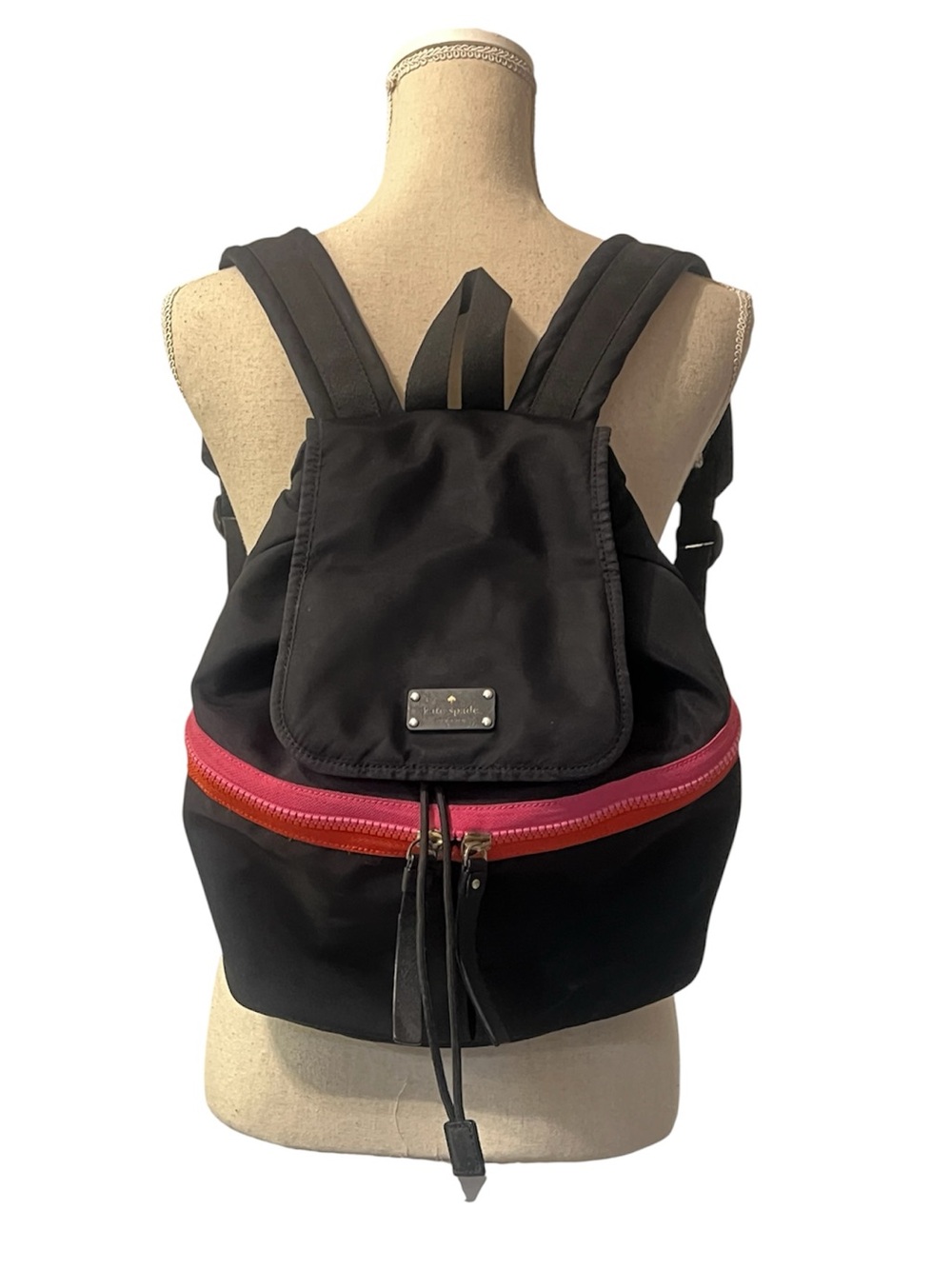 Kate Spade Clark Court Matty Backpack Nylon Black Pink Red Stripe